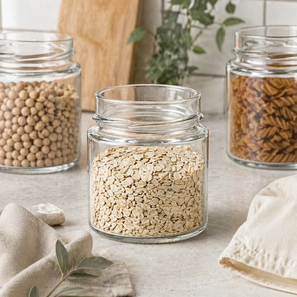 135ml Verre rond sans couvercle (TO58deep) UNiTWIST UNiTWIST Runda135 Verre rond 135ml TO58deep rempli de flocons d'avoine à côté d'autres bocaux à provisions dans une cuisine moderne