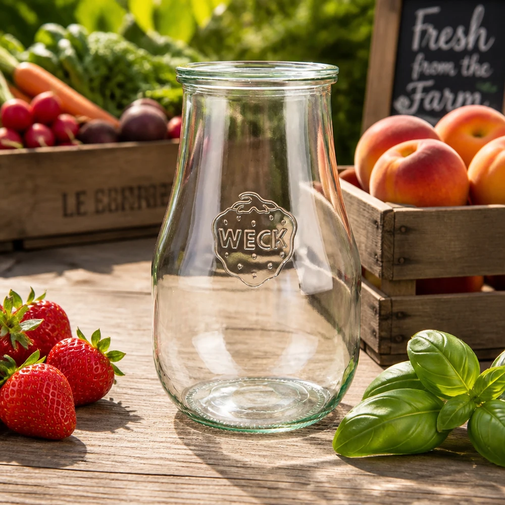 WECK Pot tulipe 2700ml vide présenté sur une table en bois avec des fraises fraîches des pêches et du basilic dans une atmosphère de ferme