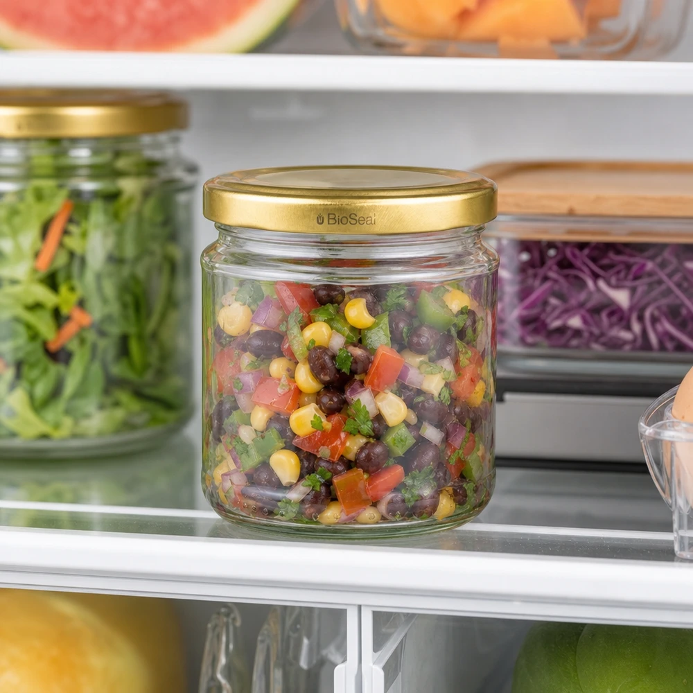 212ml Verre rond avec couvercle BioSeal or UNiTWIST UNiTWIST Pot rond 212ml avec couvercle TO66 BioSeal doré rempli de salade de haricots conservée au réfrigérateur