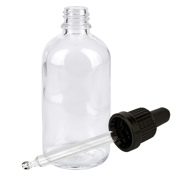 Flacon à pipette 100ml noir OV ClearLine UT18/100 Flacon à pipette de 100 ml en verre transparent avec compte-gouttes noir amovible ClearLine UT18, qualité laboratoire