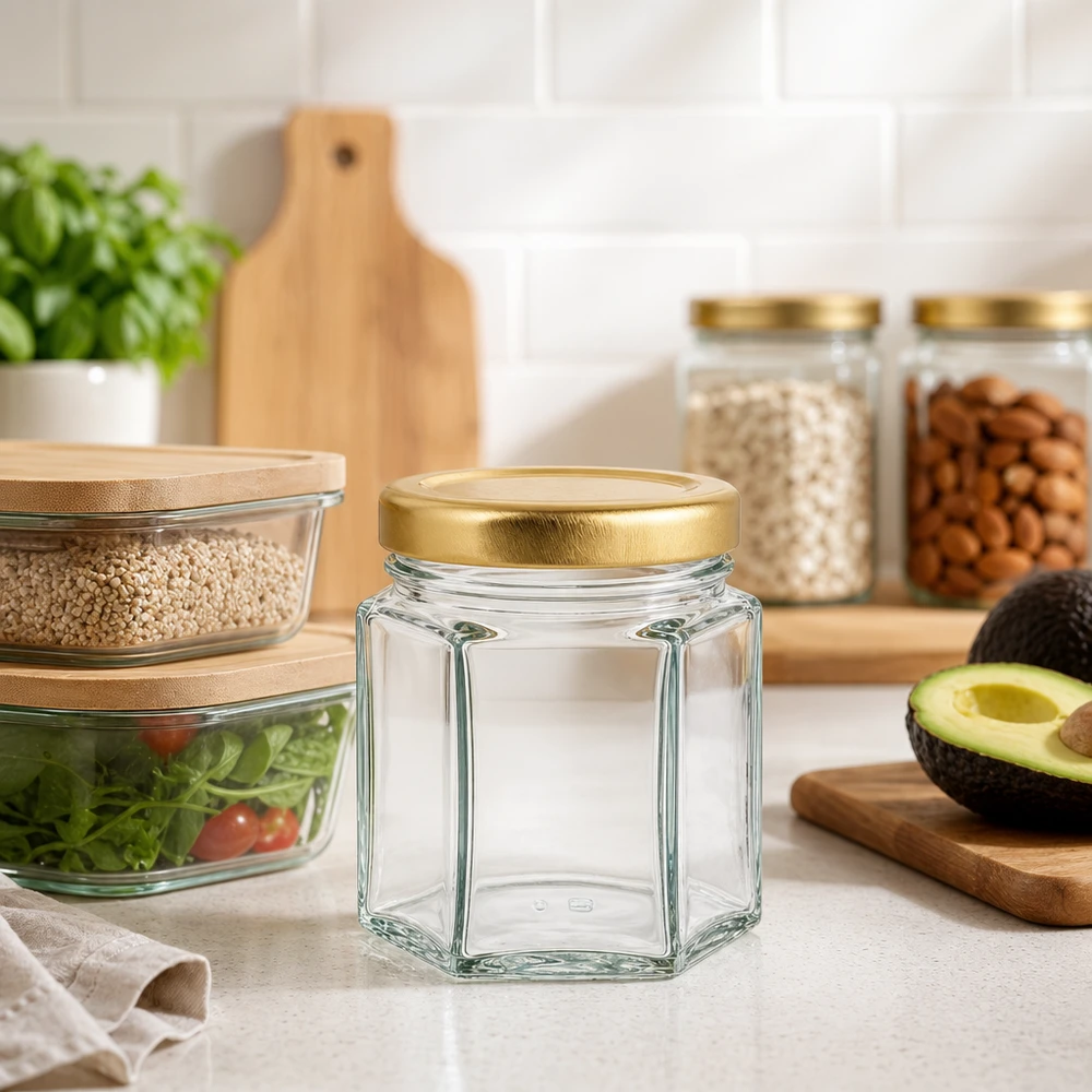 Pot de miel hexagonal vide de 60g dans une cuisine moderne avec des pots de stockage Avocado et une planche en bois comme décoration