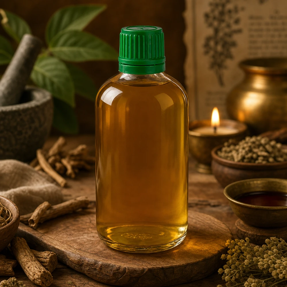 Huile aux herbes brune en flacon en verre transparent ClearLine UT18 de 100 ml, bouchon à vis vert, Ayurveda
