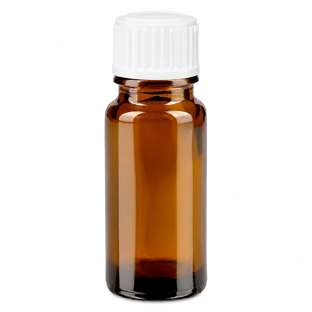 Petite fiole en verre ambré de 10 ml avec bouchon d'inviolabilité blanc, destinée aux pharmacies