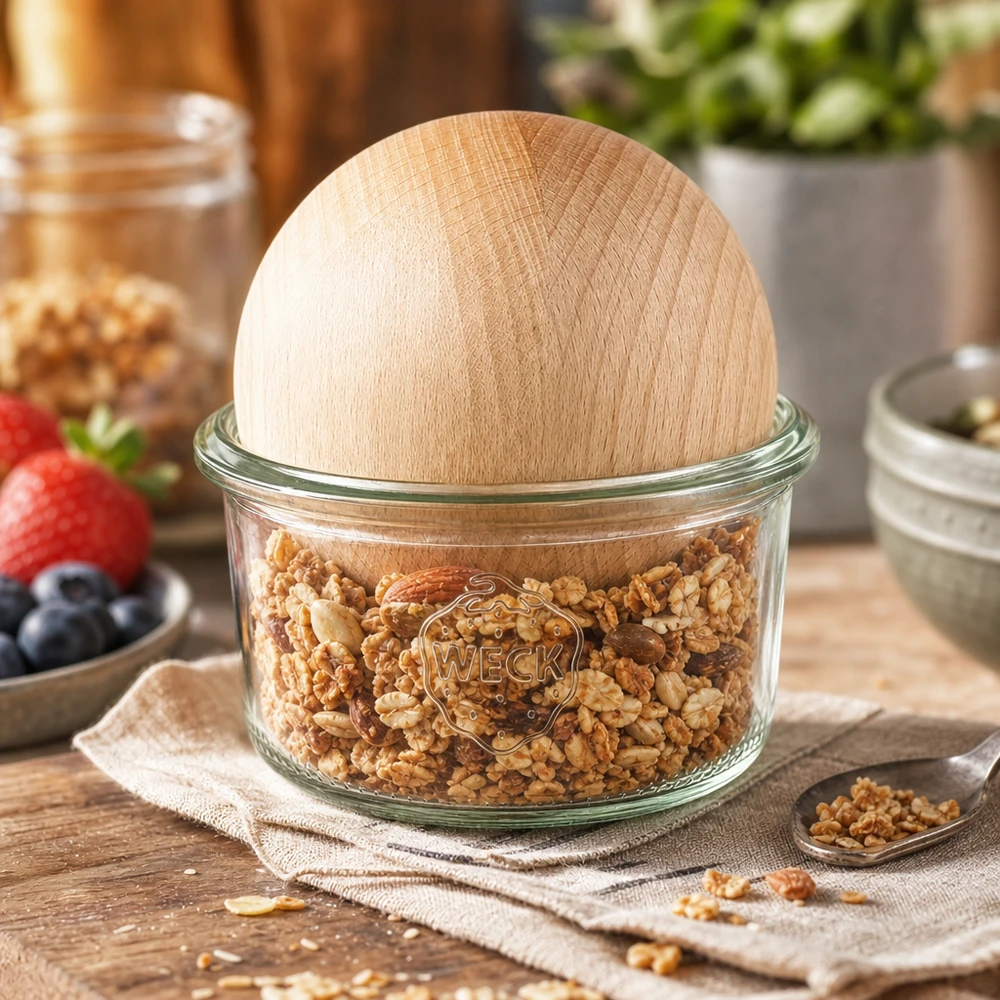 WECK Pot renversé 165ml RR80 rempli de noix et couvercle en forme de boule de hêtre comme récipient de stockage dans la cuisine