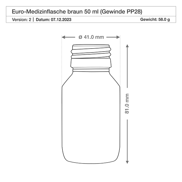 Flacon médical norme européenne de 50 ml avec spray blanc GCMI 28/410 et couvercle transparent, standard Robuste Braunglasflasche 50ml mit weiter Flaschenöffnung PP28 ideal für Pulver und Granulate