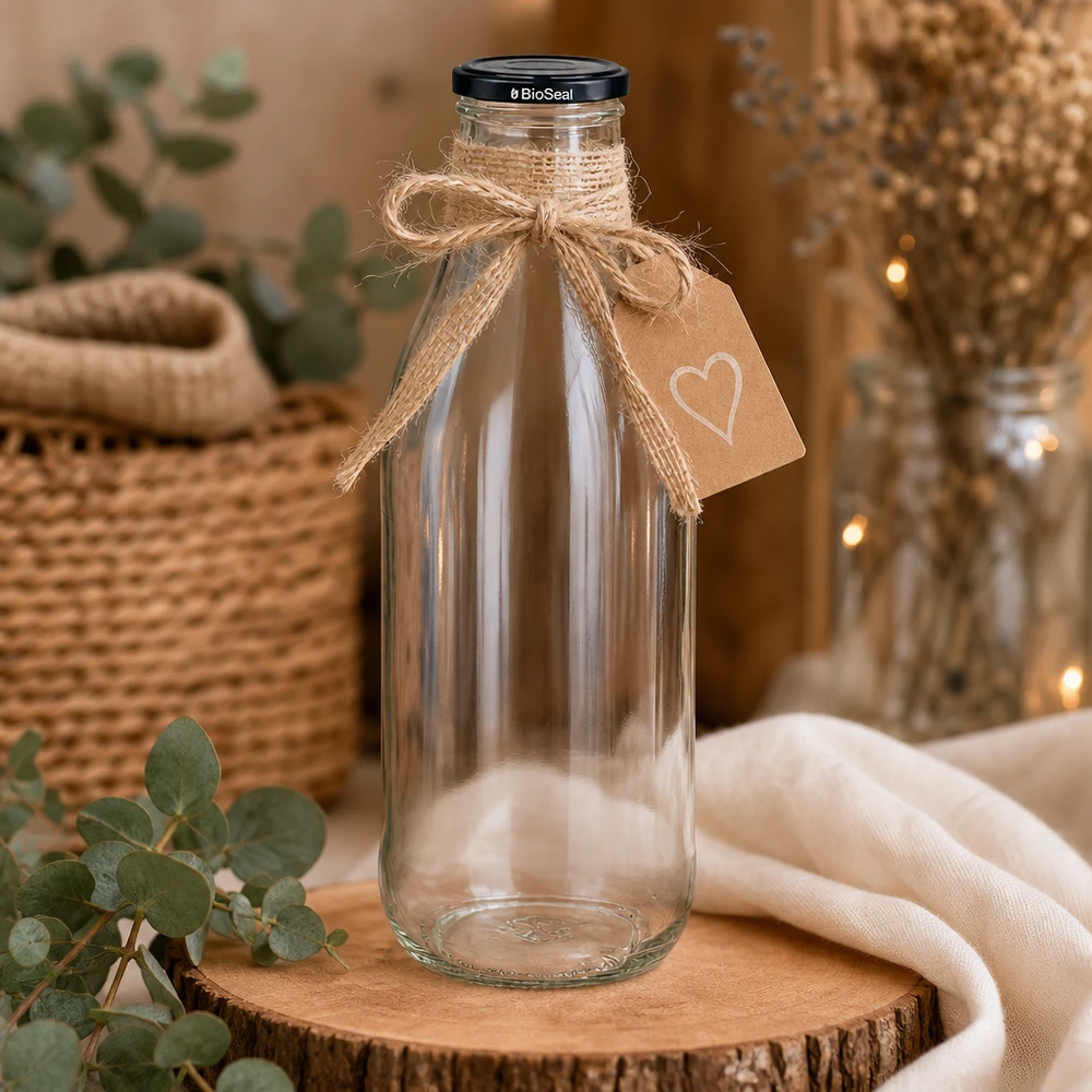 1000ml Bouteille avec couvercle BioSeal noir UNiTWIST Bouteille en verre 1000ml BioSeal bouchon sur disque en bois décoré boucle de jute pendentif cœur déco rustique durable