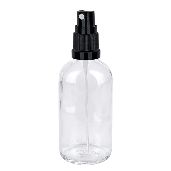 100ml vaporisateur noir/tr. STD ClearLine UT18/100 Flacon vaporisateur en verre transparent de 100 ml avec pompe noire, série ClearLine