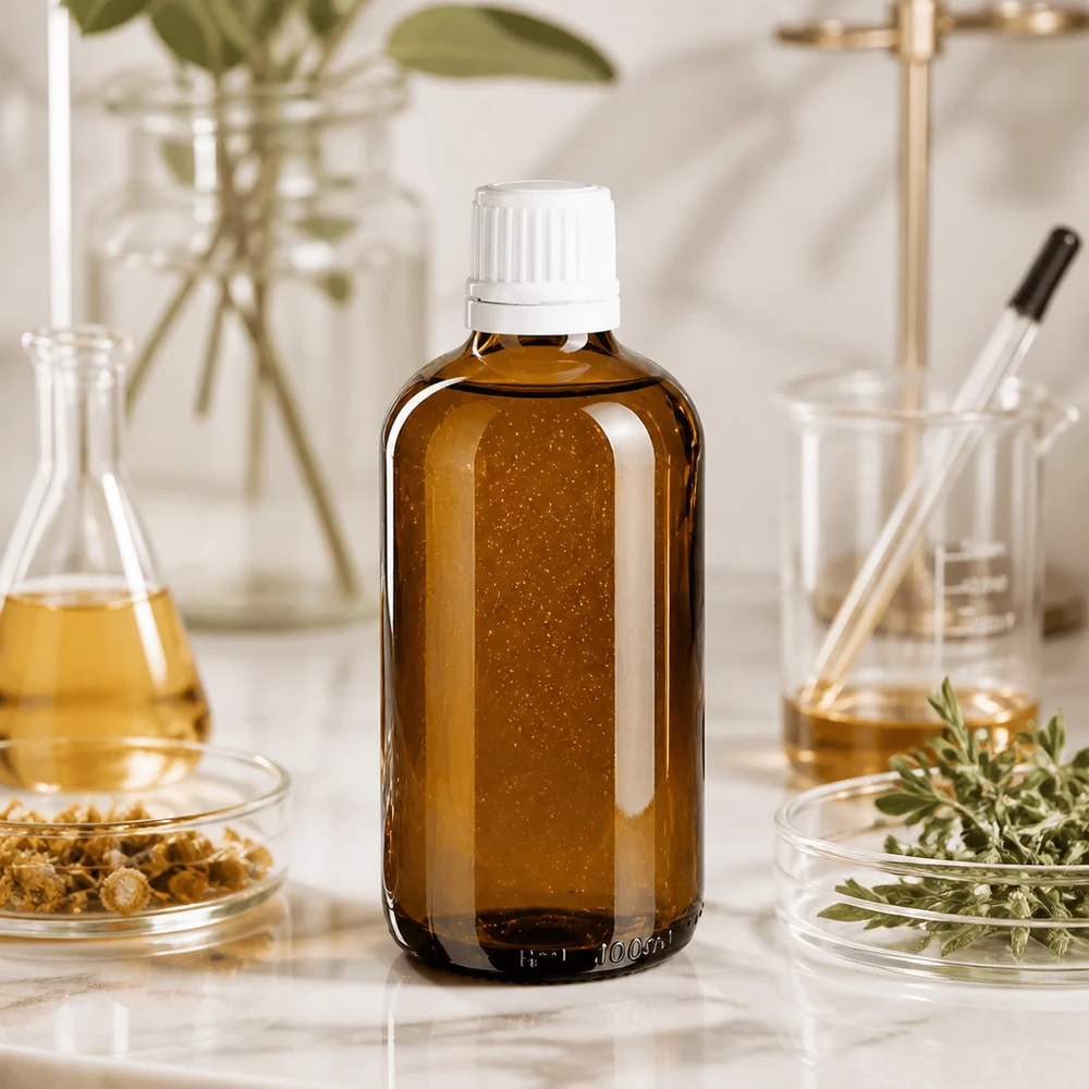Flacon de pharmacie brun 100ml bouchon vissable blanc bouchon inviolabilité Flacon en verre ambré de 100 ml, de qualité pharmaceutique, muni d'un bouchon compte-gouttes blanc, dans un décor scientifique