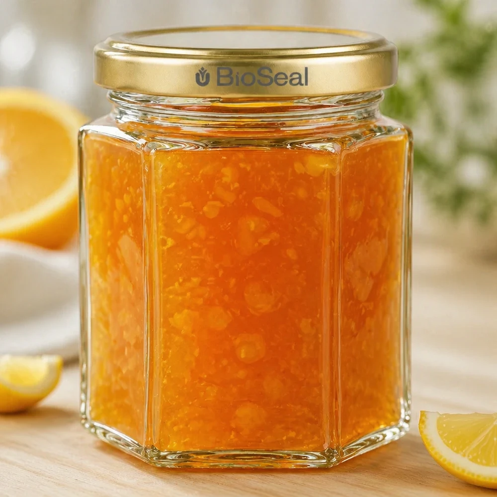 Pot de miel hexagonal de 250 g rempli de marmelade d'orange Couvercle BioSeal Gold à côté de tranches d'orange sur une planche en bois