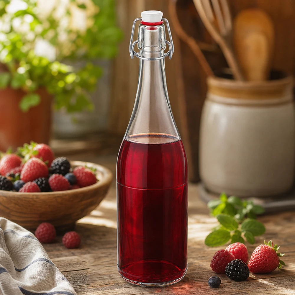 Bouteille en verre de 750 ml + bouchon mécanique en PVC UNiTWIST Bouteille en verre de 750 ml avec bouchon à étrier remplie de jus de baies Nature morte de cuisine mixed berries Boisson aux fruits rustique