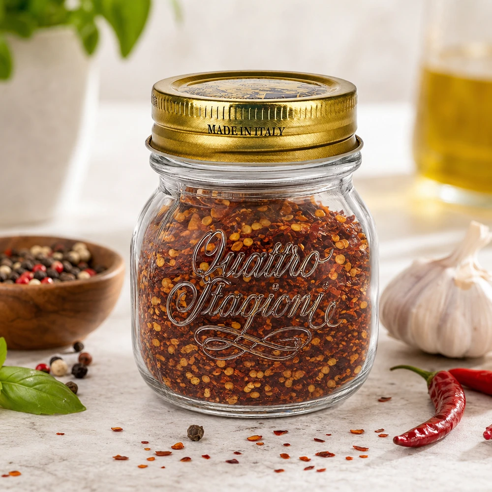 Pot rond Quattro Stagioni de 150 ml avec couvercle doré rempli de mélange d'épices au piment Made in Italy