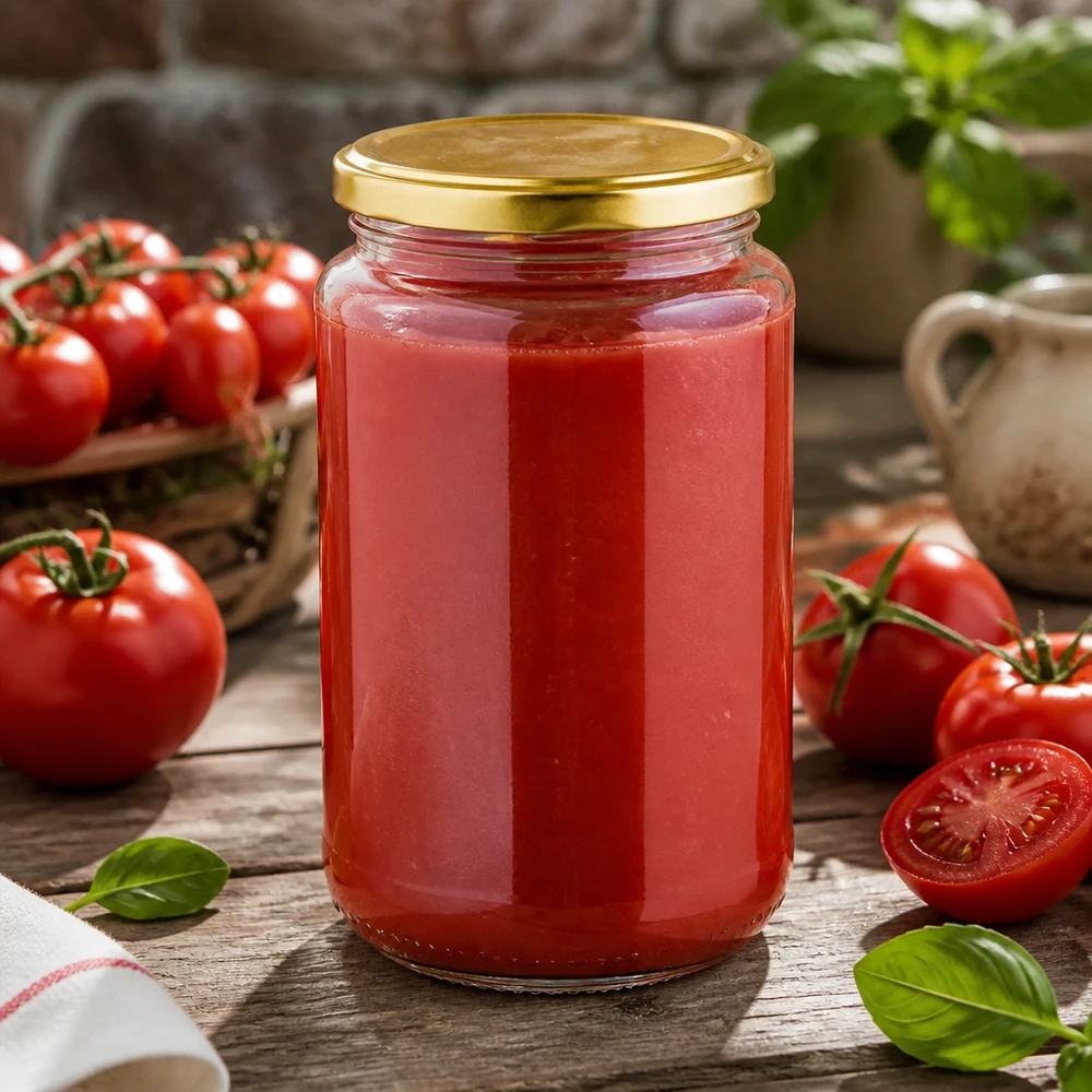 Bocal en verre rond de 320 ml UNiTWIST BasicSeal doré pour la mise en conserve de sauce tomate fraîche