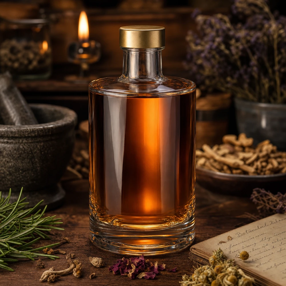 Bouteille en verre 375 ml « Sam » + bouchon à vis doré UNiTWIST® 375ml Bouteille en verre Sam avec bouchon à vis or remplie de liquide ambré décor rustique herbes