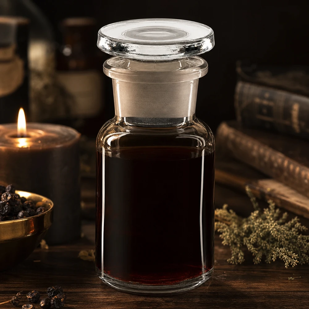 Flacon pharmaceutique 50 ml col large + bouchon verre clair Flacon de pharmacie ancien de 50 ml, en verre transparent à épaulement arrondi, muni d'un bouchon, posé sur une table rustique en bois