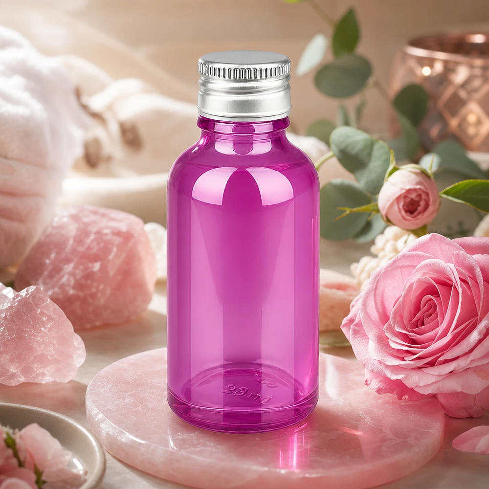 Flacon 30ml bouchon à vis 11mm alu-argent standard PurpleLine.UT18/30 Flacon de 30 ml de couleur pourpre intense avec bouchon professionnel en aluminium