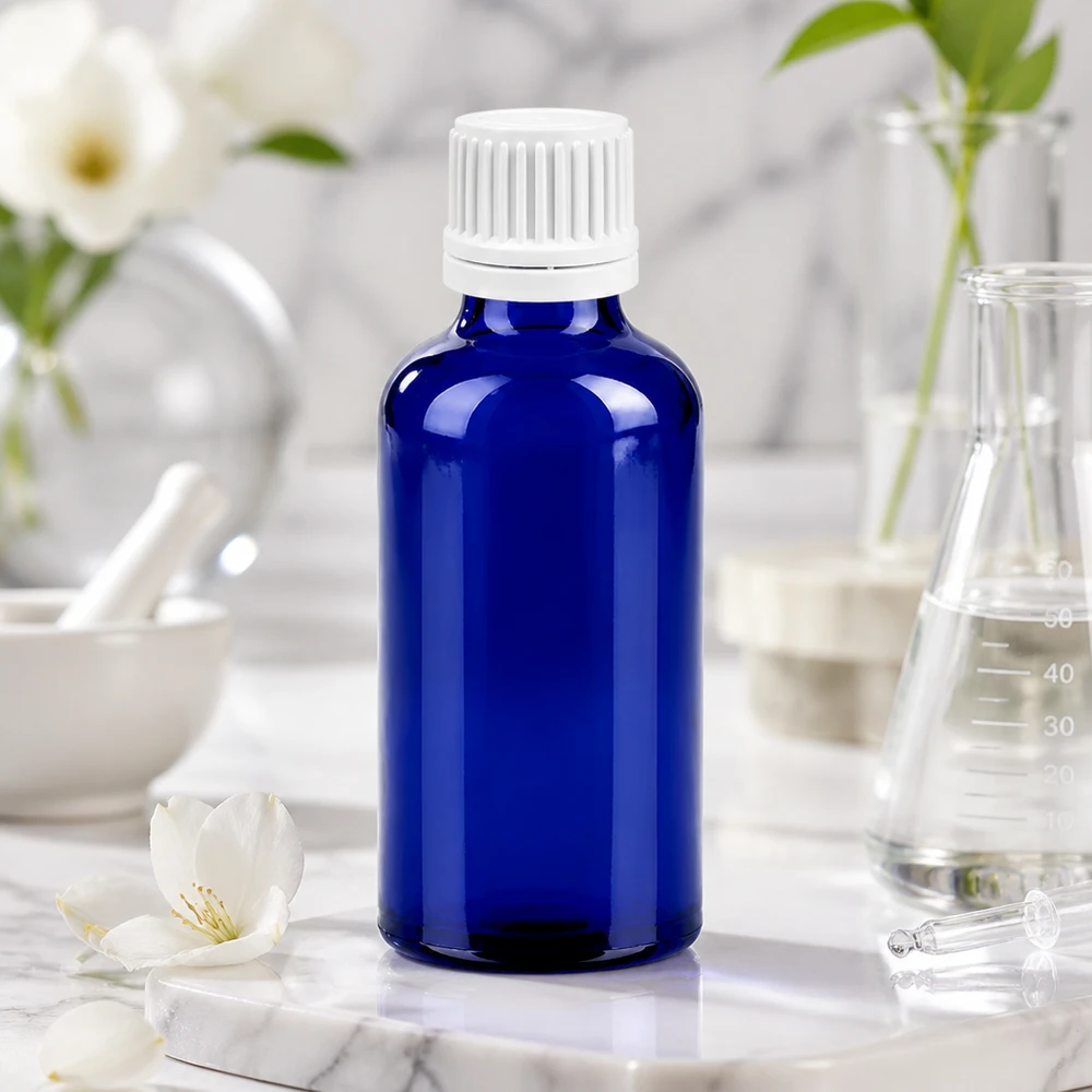 Flacon compte-goutte 50ml 0.7mm blanc OV BlueLine UT18/50 Flacon compte-gouttes en verre brun de 50 ml bleu avec bouchon de sécurité enfant UT18 pour une conservation en toute sécurité