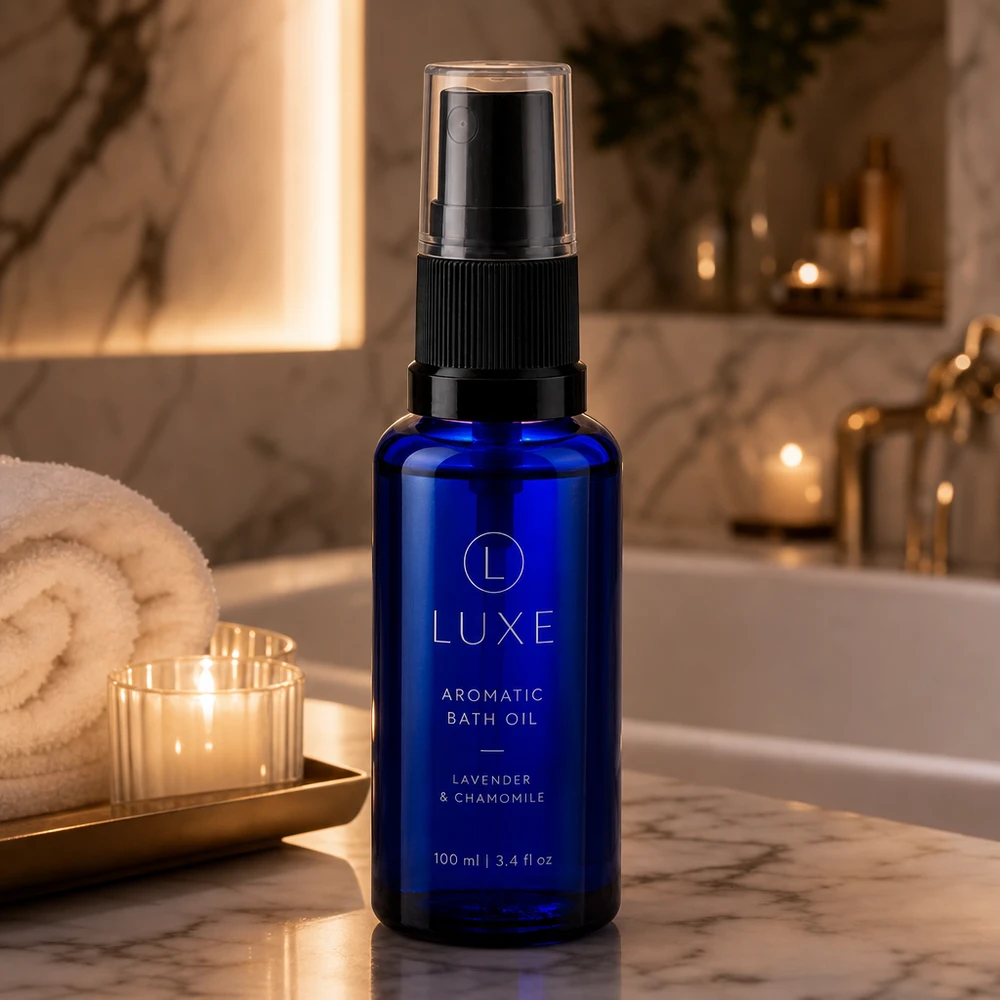 Flacon de pharmacie bleu 30ml embout spray noir Flacon en verre bleu cobalt de 30 ml muni d'une pompe vaporisatrice, posé sur du marbre à côté de bougies et d'une serviette enroulée