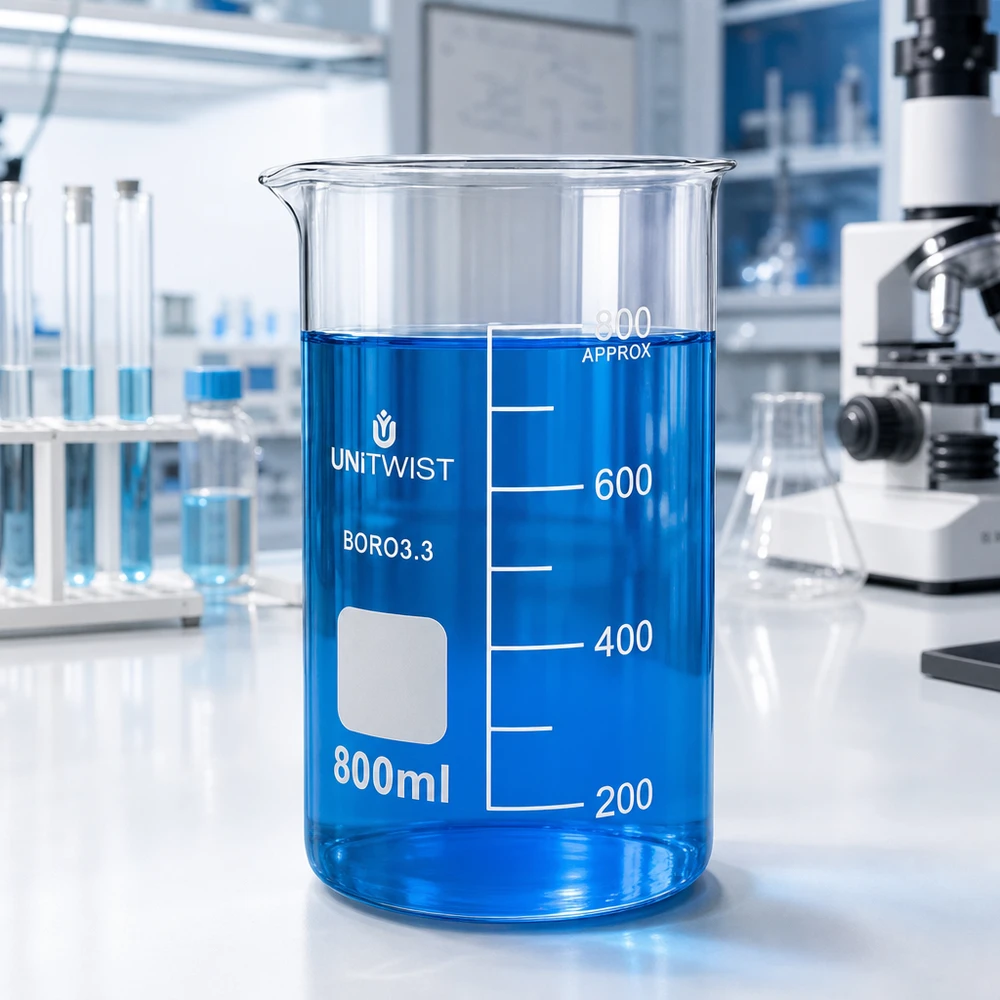 Bécher 800ml borosilicate, forme haute UNITWIST Bécher de laboratoire de chimie, 800 ml, modèle haut, en verre borosilicaté résistant à la chaleur, UNITWIST
