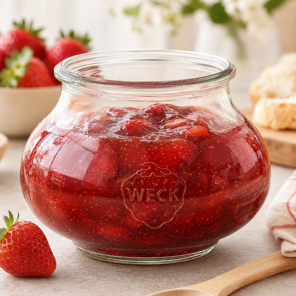 WECK Pot à bijoux RR80 560ml avec confiture de fraises maison et cuillère en bois sur plan de travail de cuisine