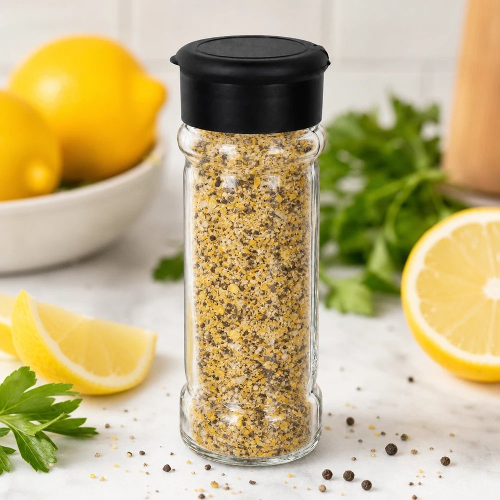 Pot à sel/épices 100 ml avec saupoudreuse, noir Pot à sel et épices rond de 100 ml avec couvercle à secouer, de couleur noire, rempli de sel aromatisé jaune