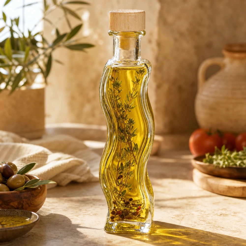 Flacon en verre « Melissa » 100 ml avec bouchon en bois UNiTWIST® Bouteille en verre Melissa de 100 ml remplie d'huile aux herbes Branches de romarin cuisine méditerranéenne Huile d'olive Bouchon en bois Huile aromatique