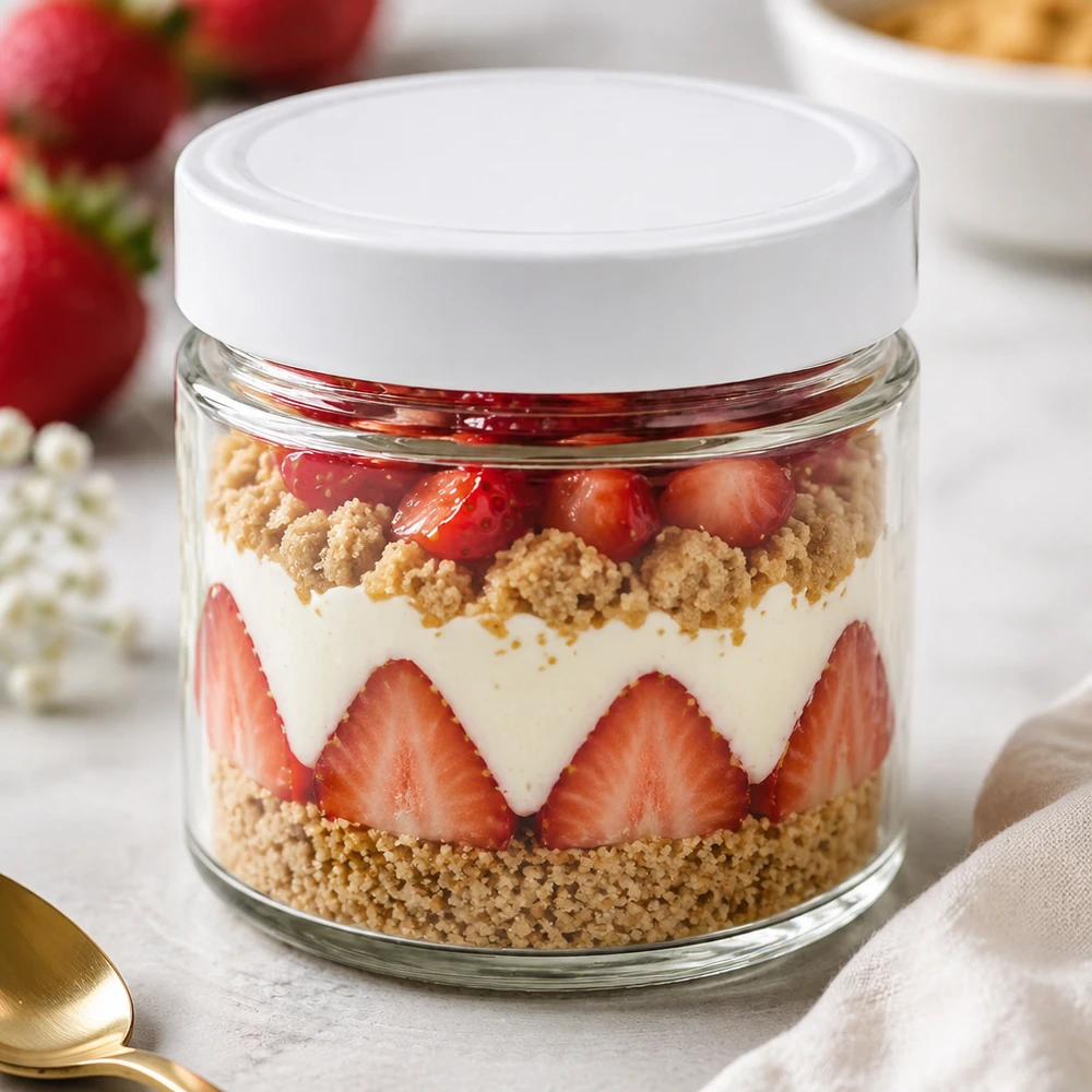 135ml Verre rond avec couvercle BasicSeal blanc UNiTWIST 135ml Verre rond BasicSeal Couvercle blanc Verre à dessert Stratified Dessert Fraise Crumble Tiramisu Dessert