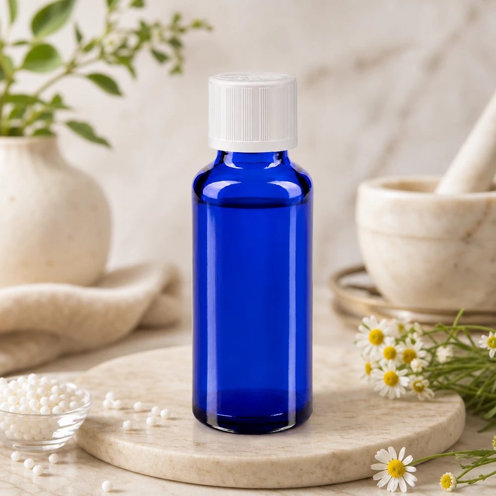Flacon cylindrique en verre bleu cobalt de 30 ml avec bouchon à vis à sécurité enfant, posé sur un socle en marbre