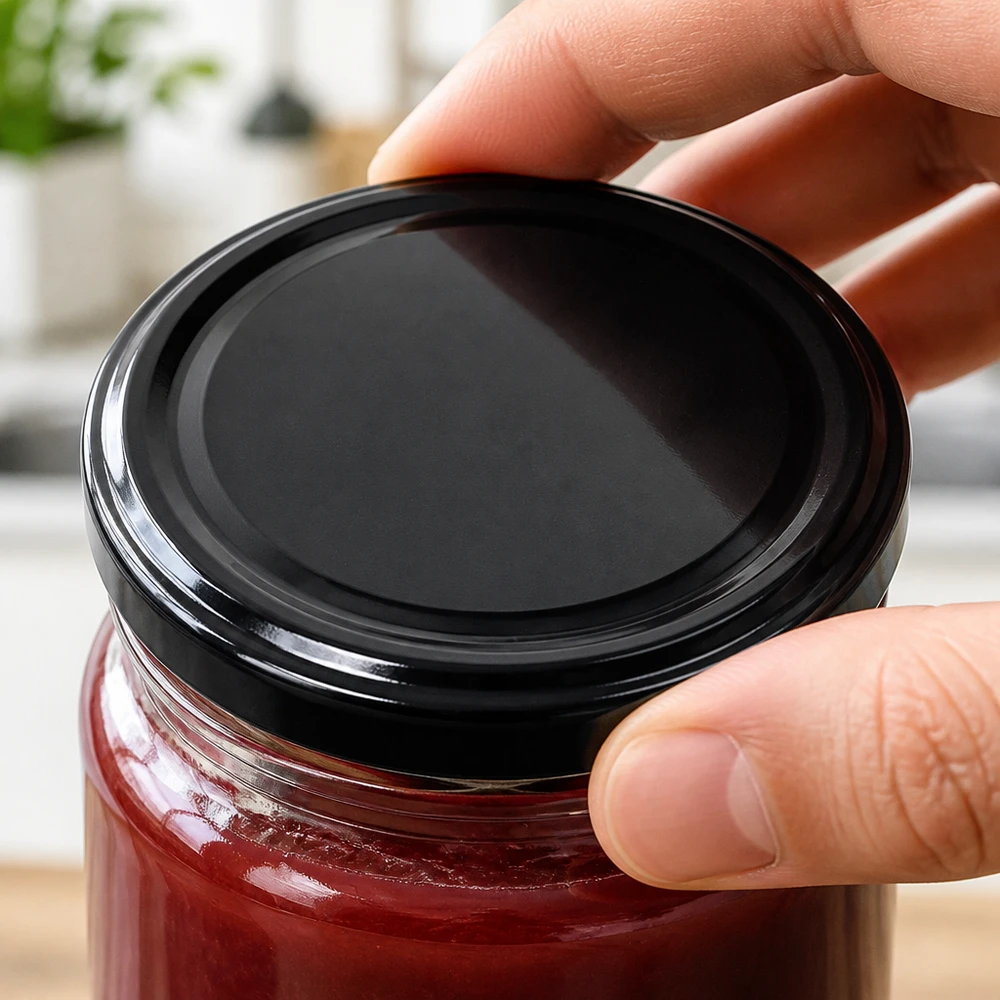 UNiTWIST TO82 noir, BioSeal, sans BPA, UNiTWIST Gros plan sur un couvercle métallique TO82 UNiTWIST noir BioSeal sur un pot de confiture contenant un produit de couleur foncée