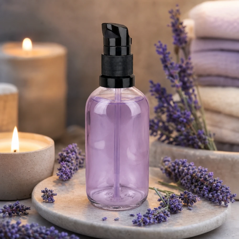 Flacon pompe pour lavande, 100 ml, violet, avec pompe doseuse noire, flacon cosmétique ClearLine UT18