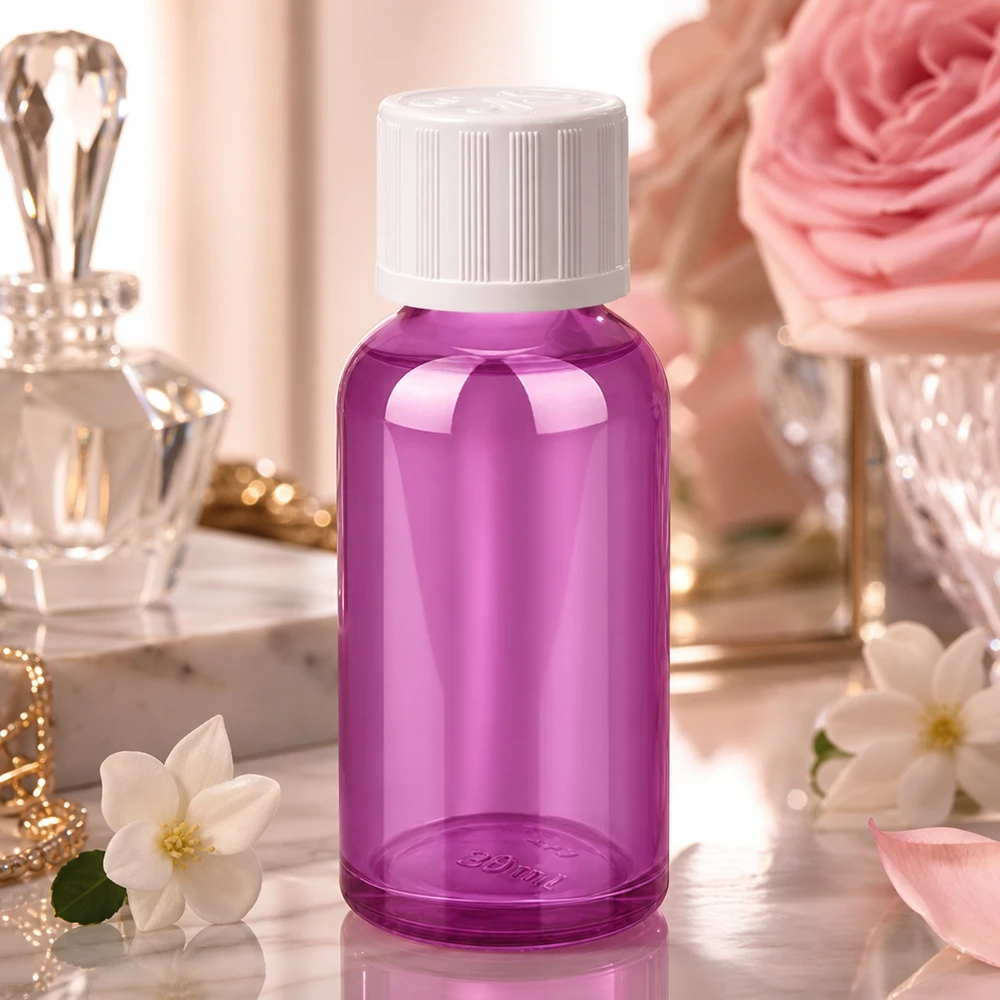Flacon 30ml bouchon à vis 11mm blanc standard sécurité enfant PurpleLine UT18/30 Élégant flacon en verre violet de 30 ml avec bouchon à vis blanc pour produits de beauté et extraits