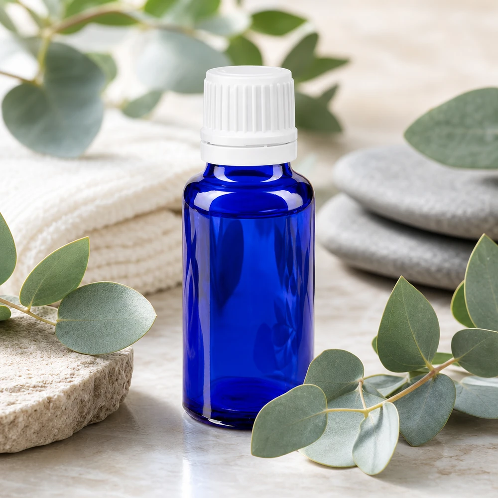 Flacon à pharmacie bleu 20ml bouchon à vis blanc bouchon d'originalité Flacon en verre bleu de 20 ml avec bouchon à vis à sécurité enfant, destiné aux huiles essentielles et aux cosmétiques naturels