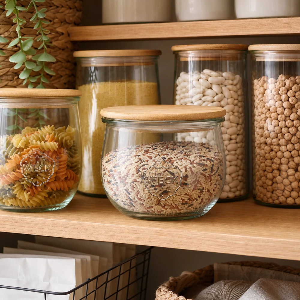 580ml bocal tulipe WECK RR100 avec couvercle en bois WECK Pot tulipe 580ml avec couvercle en bois rempli de céréales dans une disposition organisée sur une étagère de stockage avec d'autres bocaux