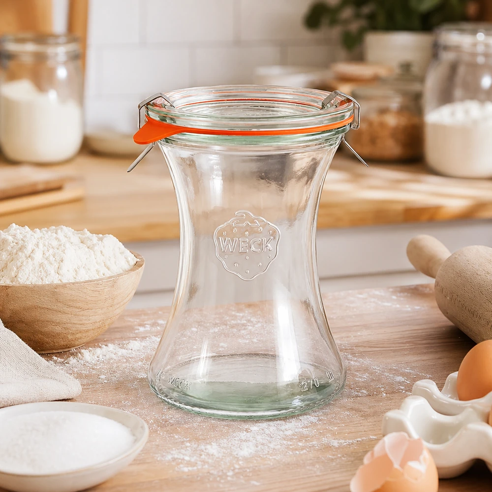 Bocal en verre de 370 ml, modèle WECK RR80 complet WECK Pot à délicatesse 370ml RR80 vide dans Cuisine avec ingrédients de boulangerie Farine Oeufs Ustensiles en bois Ambiance cuisine