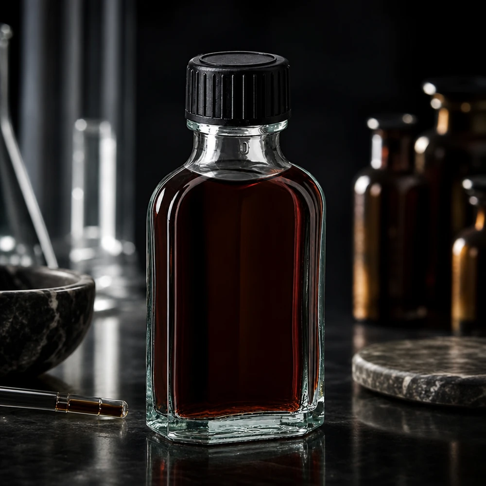Flasque transparente de 50 ml au goulot DIN 22, avec bouchon à vis DIN 22 noir et joint LKD Flacon rectangulaire plat en verre transparent de 50 ml, muni d'un joint d'étanchéité LKD, posé sur une surface en pierre foncée