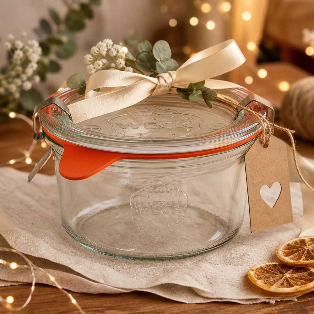 WECK Verre renversé 165ml RR80 comme cadeau décoré avec un ruban, un pendentif et des fleurs sur une table de fête