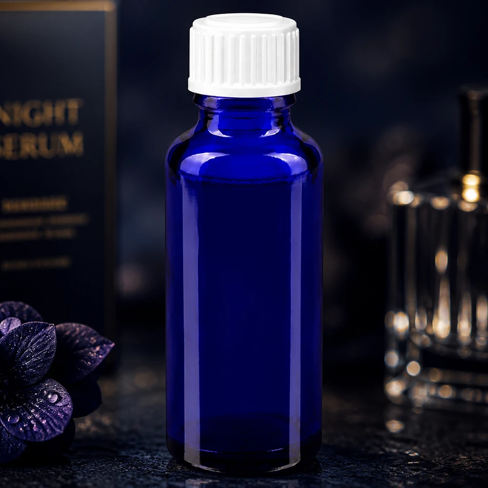 Flacon de pharmacie bleu 30ml bouchon vissable blanc Globuli Std Flacon en verre standard bleu de 30 ml, modèle GR STD, avec bouchon de sécurité enfant blanc, pour sérum de nuit