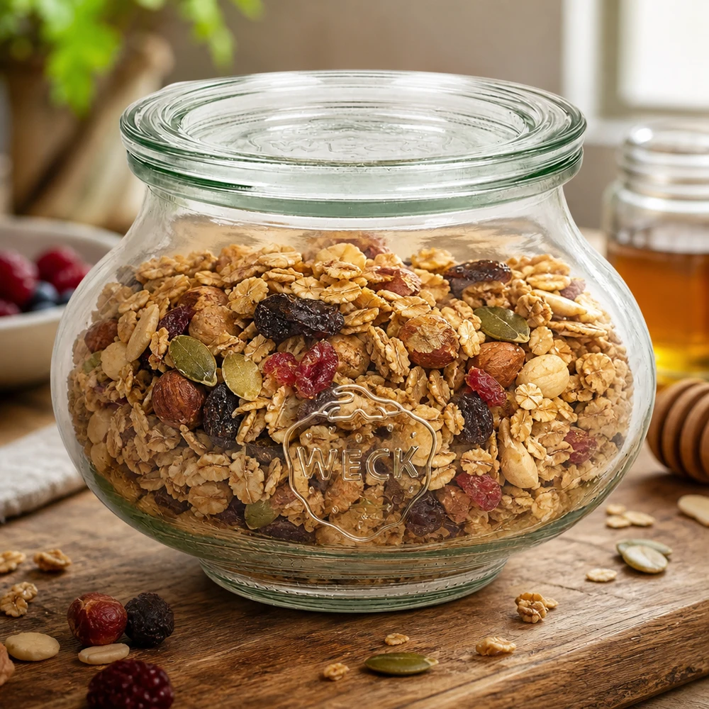 WECK Pot à bijoux 560ml RR80 avec muesli maison noix fruits secs comme boîte à provisions sur table en bois