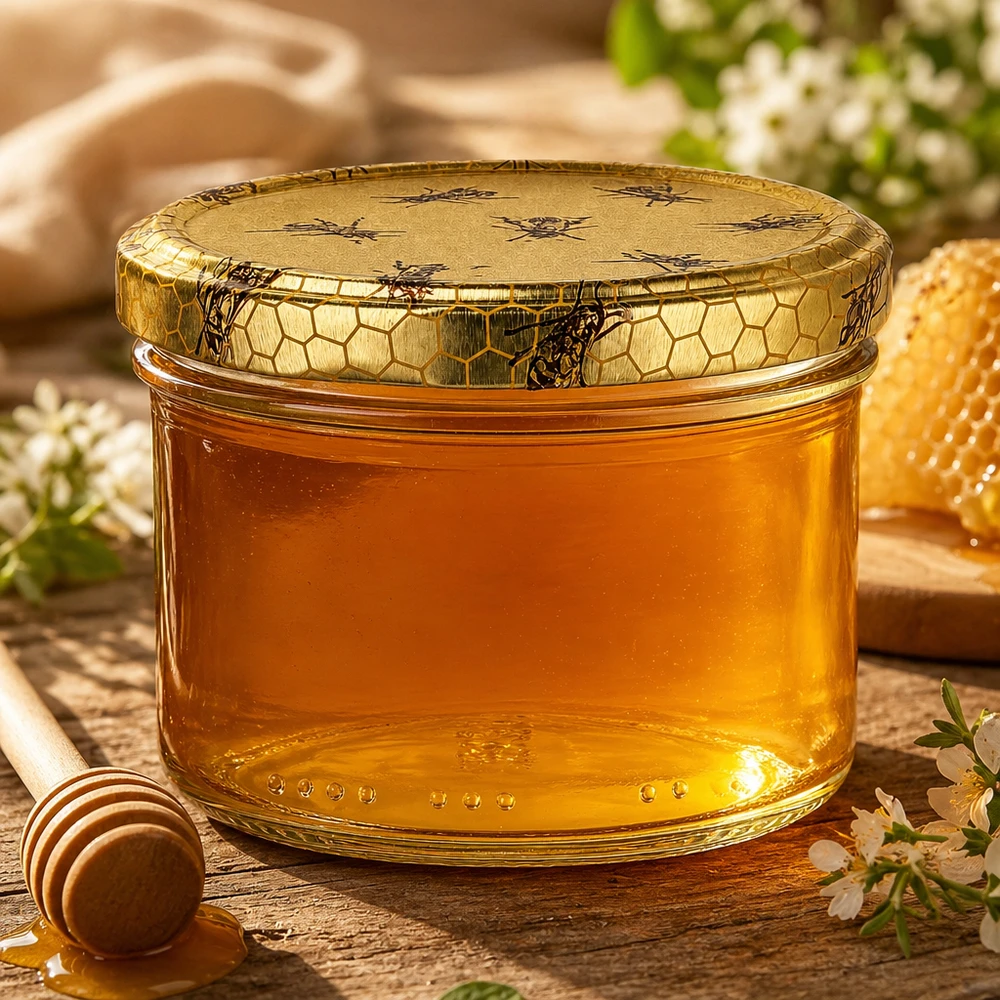 Pot de miel de 300g avec couvercle doré à motif d'abeilles rempli de miel naturel à côté des rayons et du bâton de miel