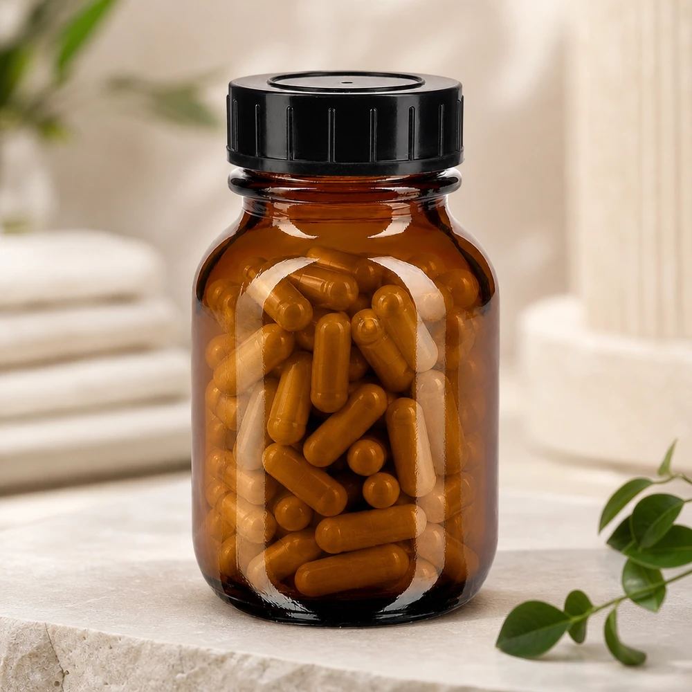 Flacon en verre brun de 50 ml à large ouverture et bouchon noir pour un remplissage facile
