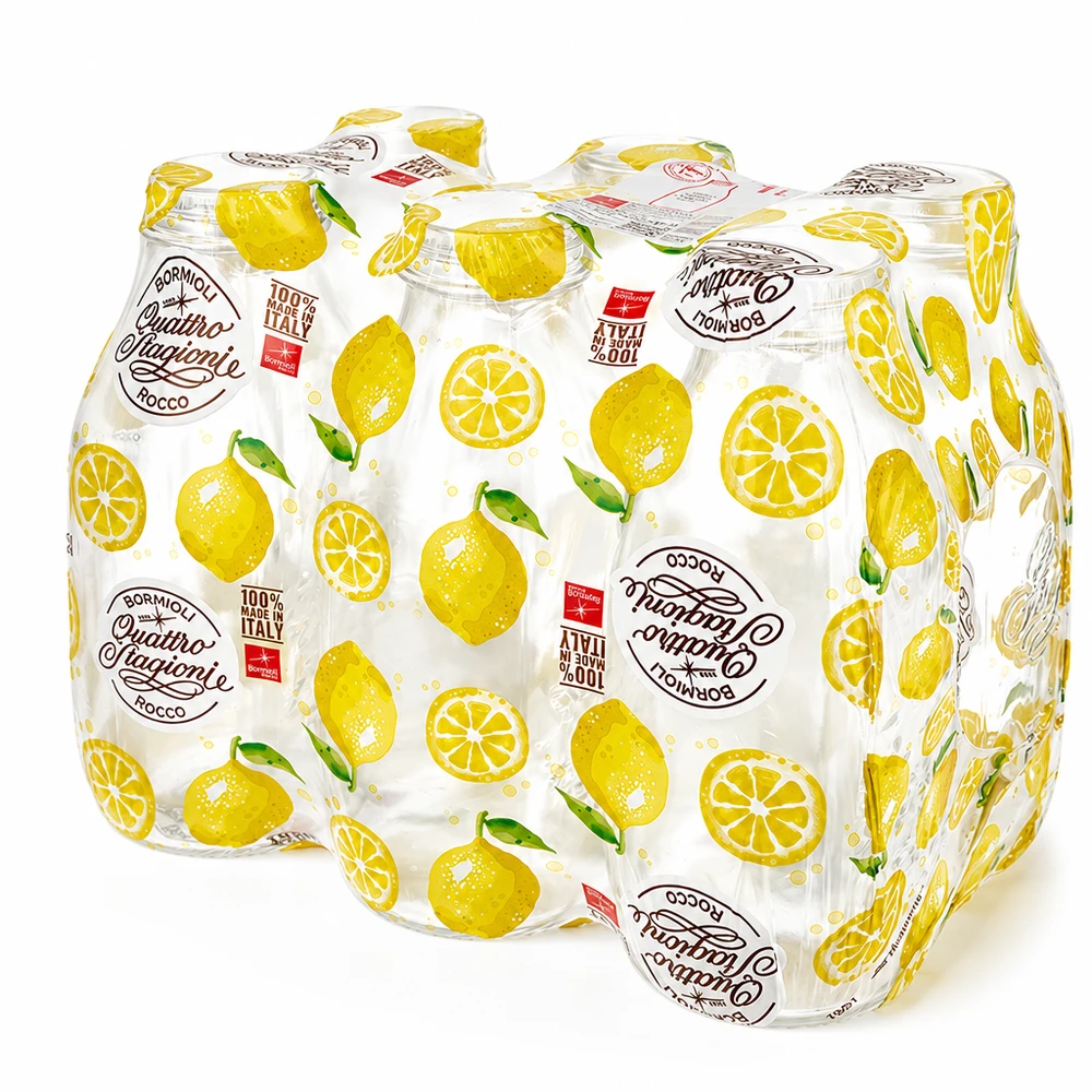 Bouteille en verre 1000ml « Quattro Stagioni » avec couvercle Pack de 6 bouteilles en verre Quattro Stagioni 1000ml emballées sous film plastique, bouteilles de lait Bormioli Rocco avec motif de citron