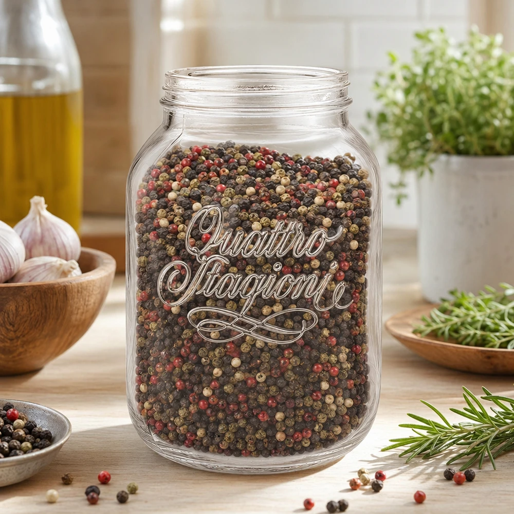 3000ml bocal ménager Quattro Stagioni rempli de grains de poivre multicolores dans une cuisine moderne avec des herbes et des épices