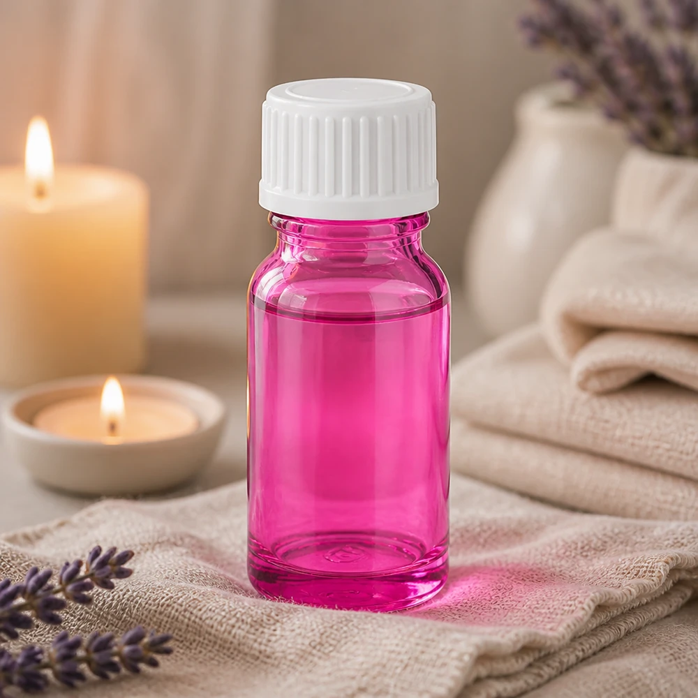 Flacon de 10ml (globules). Bague de coulée 3mm blanc standard PurpleLine. UT18/10 Flacon en verre transparent rose-violet de 10 ml avec protection UV pour les substances sensibles à la lumière