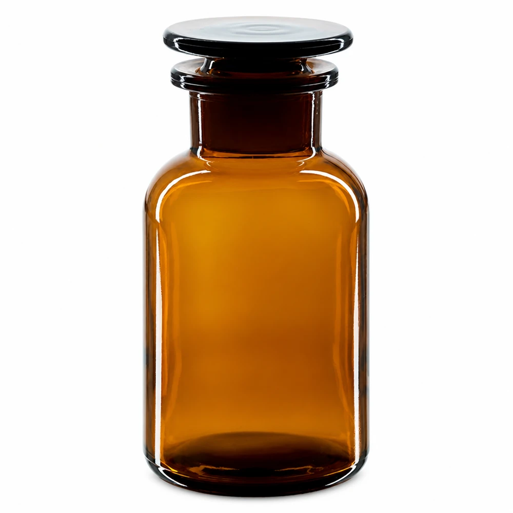 Flacon pharmaceutique 250 ml col large + bouchon en verre ambré Bouteille ronde en verre ambré de 250 ml à col large et bouchon en verre hermétique – Matériel de laboratoire