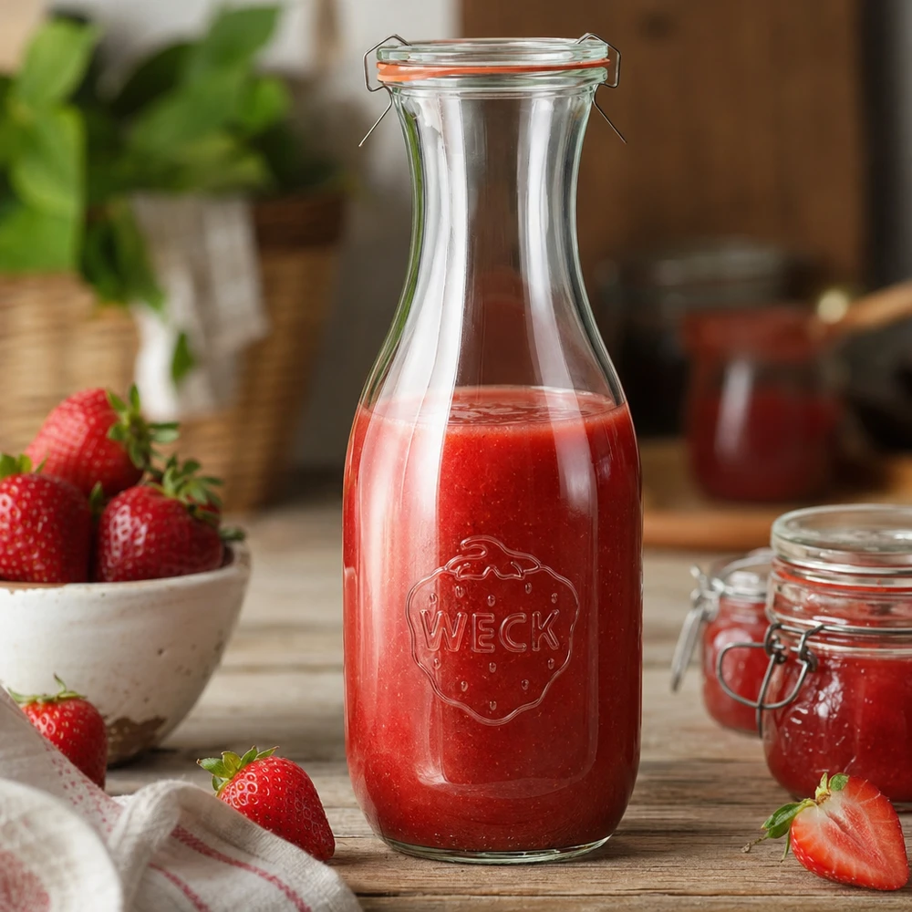 Bouteille à jus de 1 062 ml, ensemble complet WECK RR60 WECK Bouteille de jus 1062ml RR60 remplie de jus de fraise rouge dans la cuisine avec des fraises fraîches arrangées de manière décorative