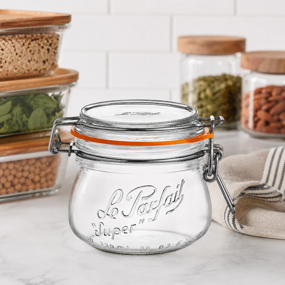 Bocal Le Parfait® 250 ml Ø70 mm conserve 250ml Le Parfait Super bocal à provisions avec fermeture à étrier et anneau en caoutchouc sur le plan de travail de la cuisine à côté d'autres bocaux à provisions