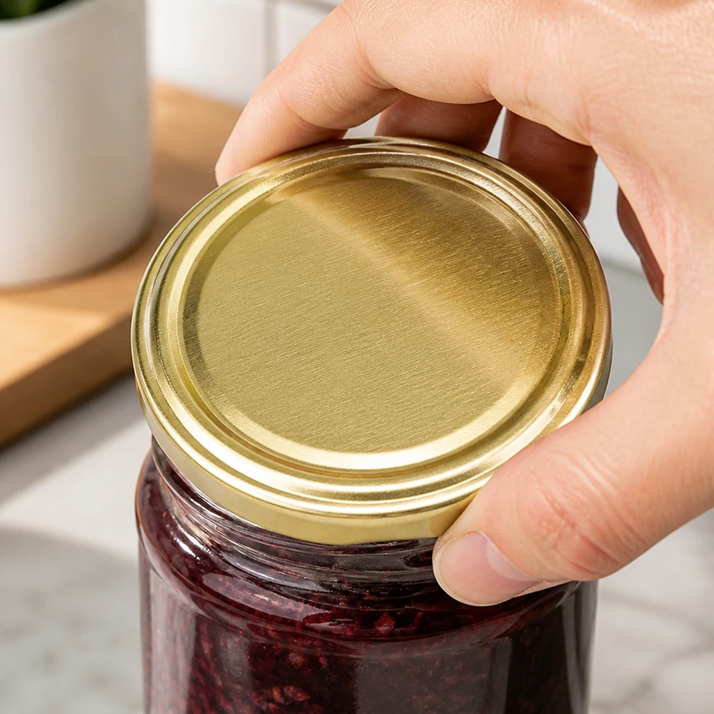 UNiTWIST TO43 BPA-NI unitemp, couvercle doré pour pot à confiture, utilisation : cuisine, sur un plan de travail en marbre