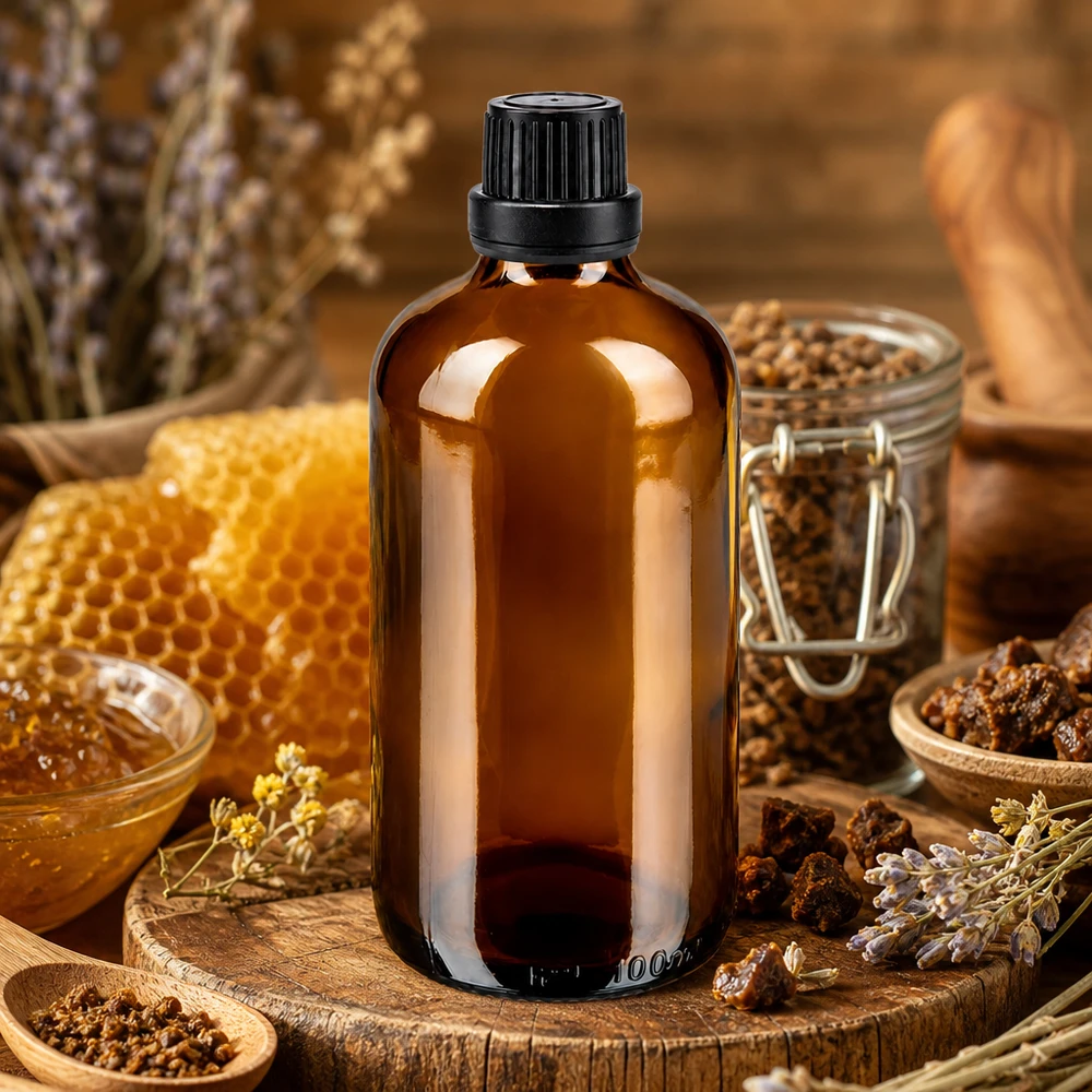Bouteille de pharmacie brune 100ml bouchon vissable noir bouchon inviolabilité Flacon en verre brun de 100 ml muni d'un bouchon OV noir de 11 mm, entouré de plantes médicinales et de propolis