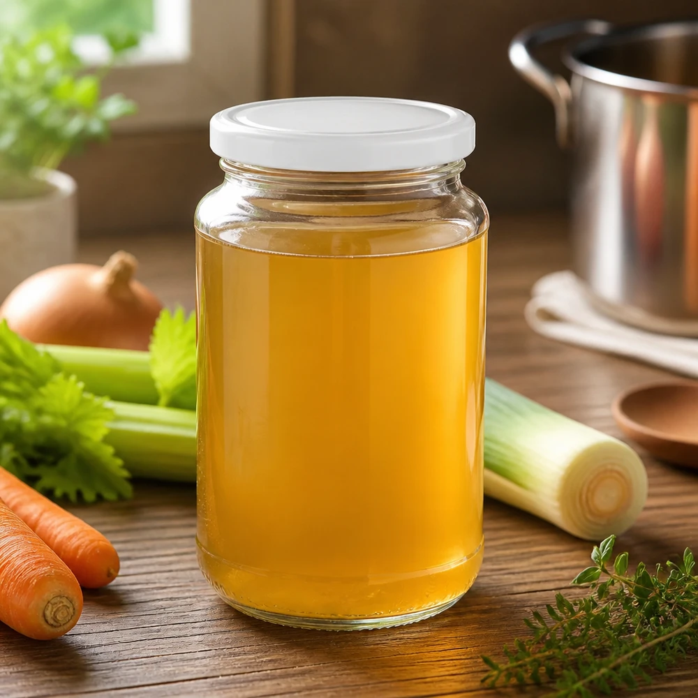 Bocal rond en verre de 320 ml + couvercle BasicSeal blanc UNiTWIST Bocal rond transparent de 320 ml de la marque UNiTWIST, muni d'un couvercle BasicSeal et rempli de bouillon de légumes, dans la cuisine
