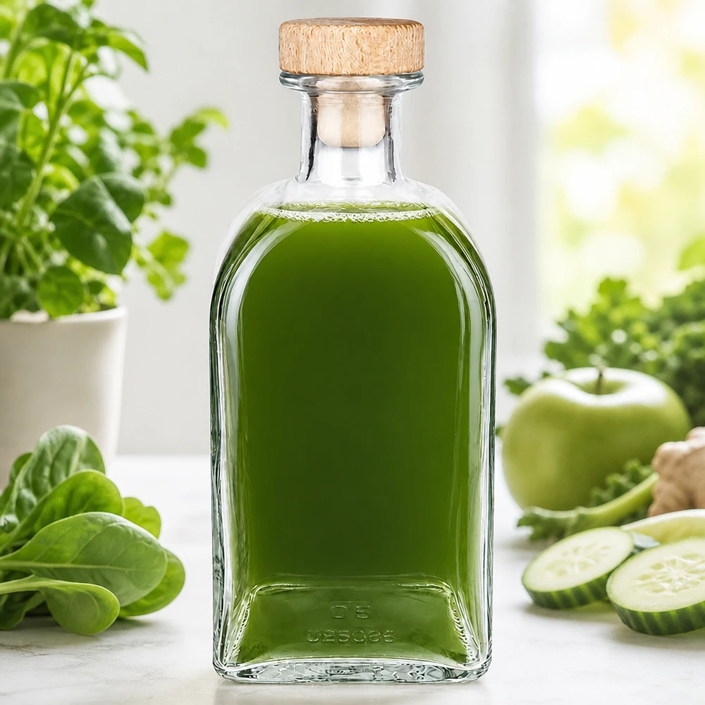 Flacon à pharmacie « Julia » 500 ml avec bouchon en bois UNiTWIST® Bouteille en verre Julia de 500 ml avec bouchon en bois remplie de smoothie vert entouré de légumes et d'herbes fraîches