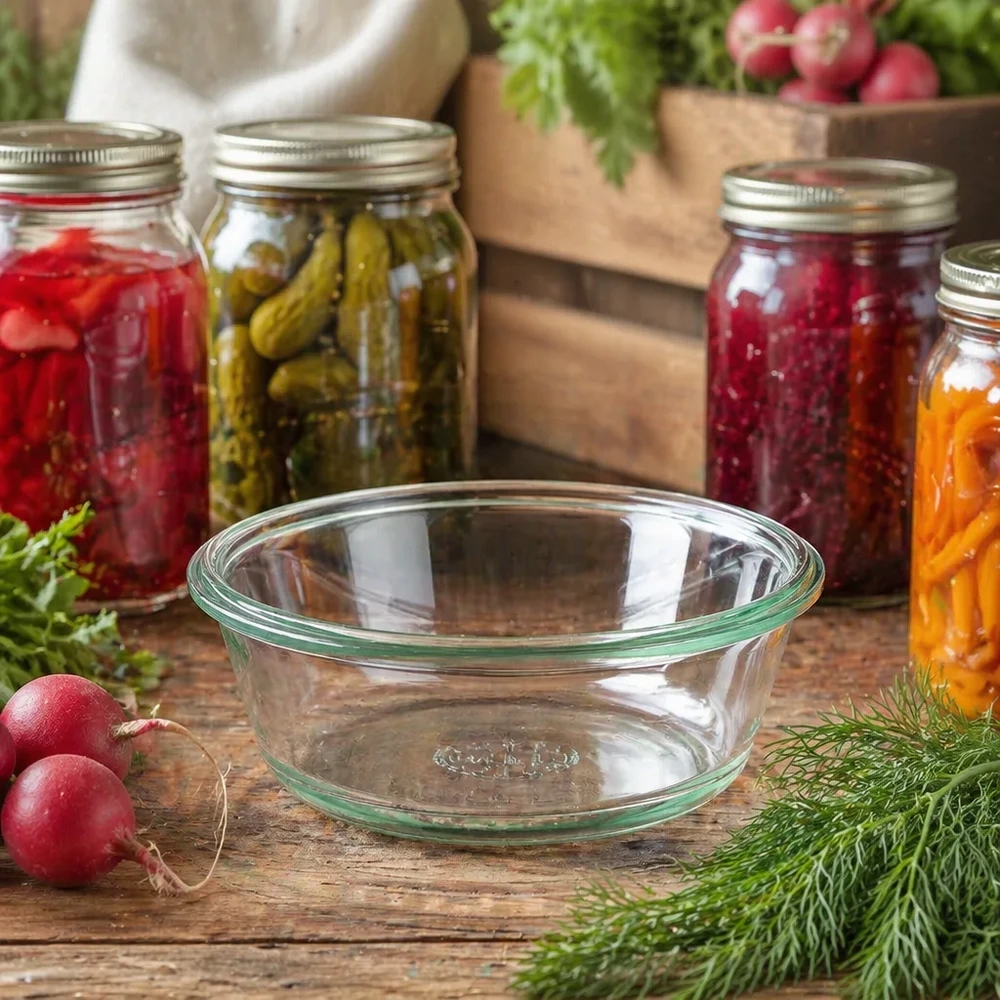 WECK RR120 Verre gourmet 300ml dans une cuisine rustique avec des bocaux et des légumes frais comme prise de vue de style de vie